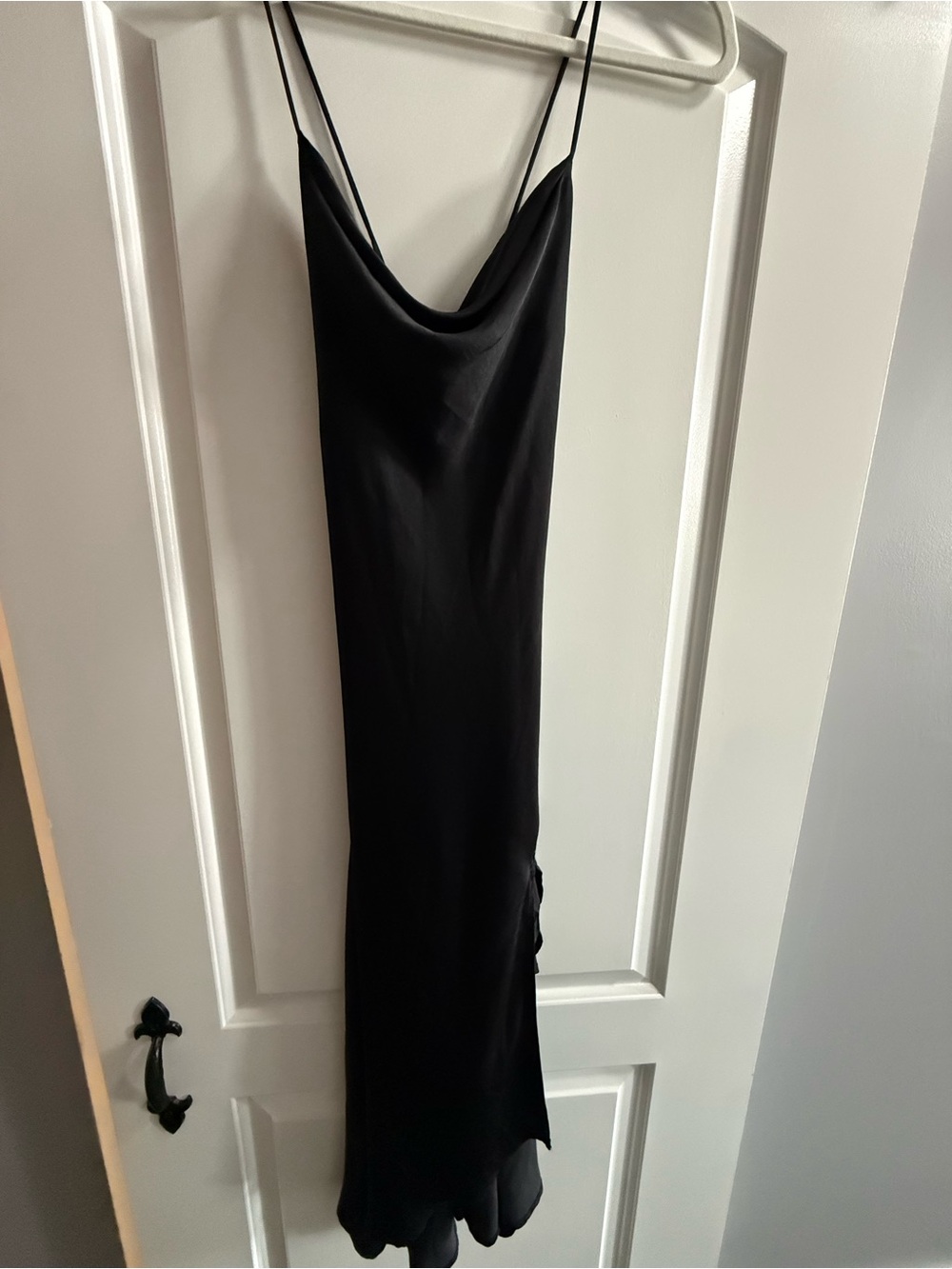ASTR The Label Black Satin Slip Dress Size S Cowl Neck Midi Side Slit